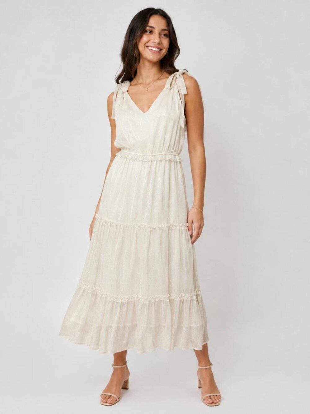 Romantic Boho Ivory Shimmer Midi Dress Tie Straps Tiered Cottagecore M
